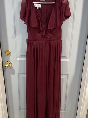 Azazie Burgundy Ruffle V-Neck Maxi Gown